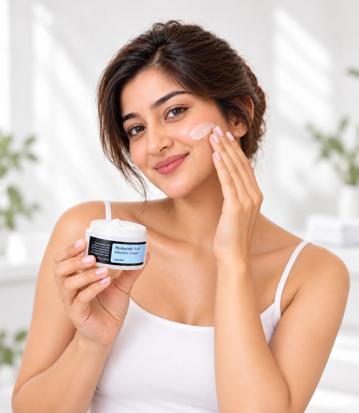 Woman applying COSRX Hyaluronic Acid Intensive Cream